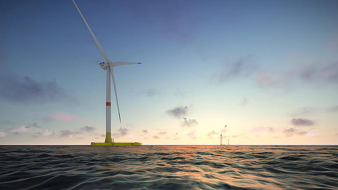 Render of floating offshore wind turbines at sea at sunset, one in the foreground on a yellow floating foundation